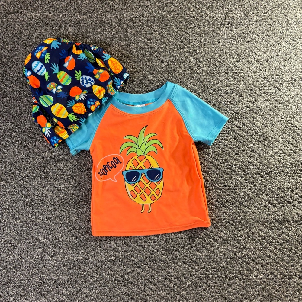 Tropical Kids Swim Trunks - Orange and Blue